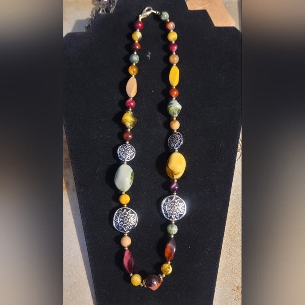 Vintage Boho Style Necklace Multicolored Beads Sunburst Coin Accents 23” Length
